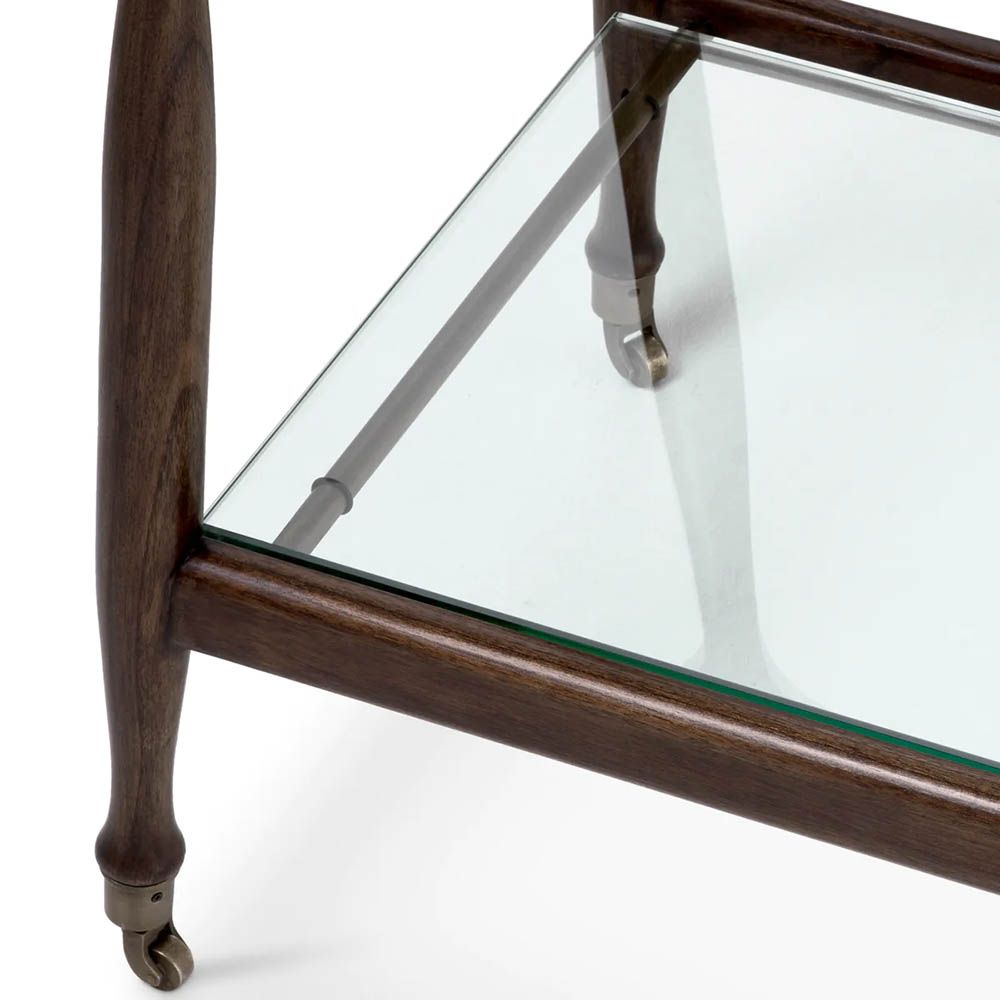 Elegant trolley with its timeless brown finish and clear glass top