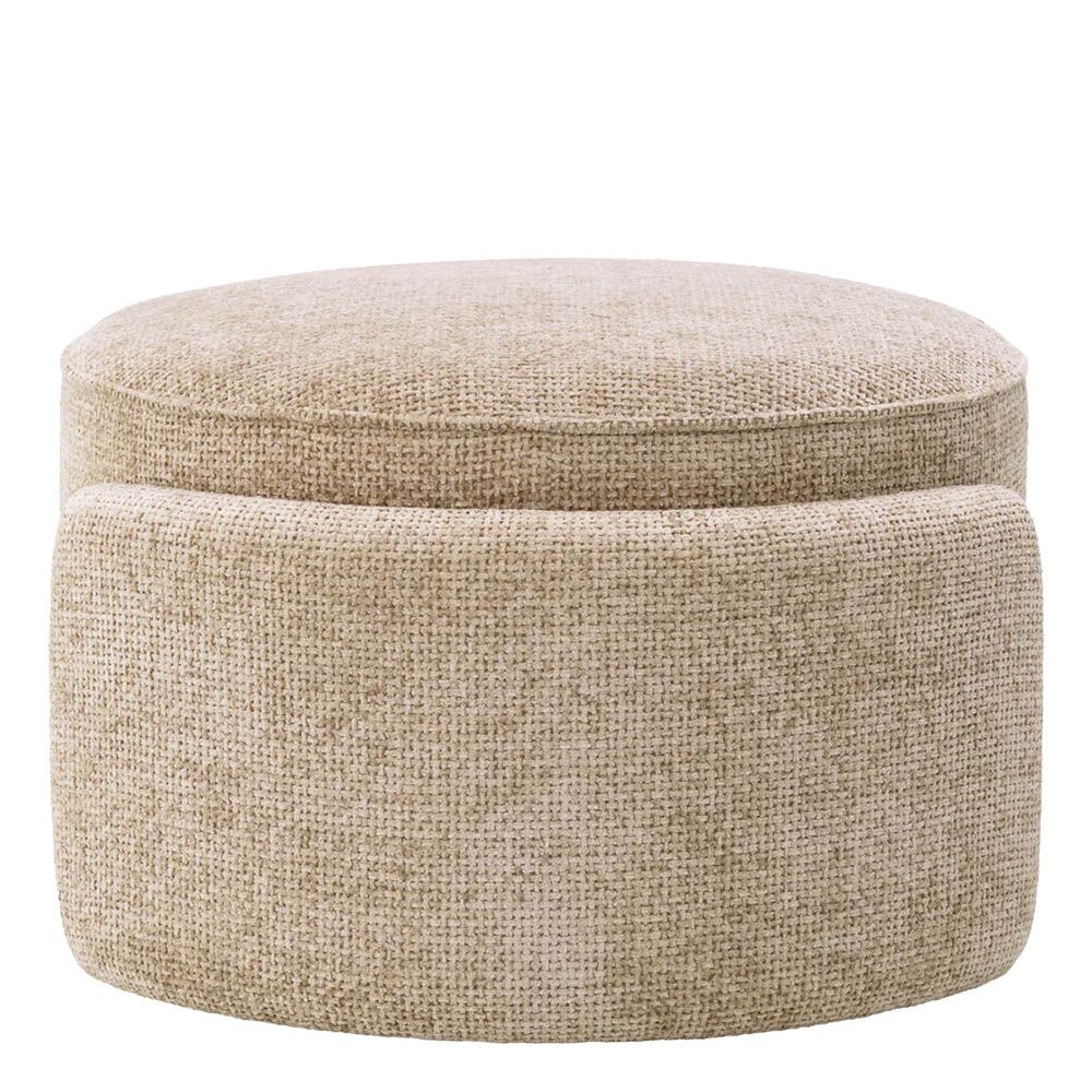 Round ottoman in lyssa sand upholstery with wrap around legs