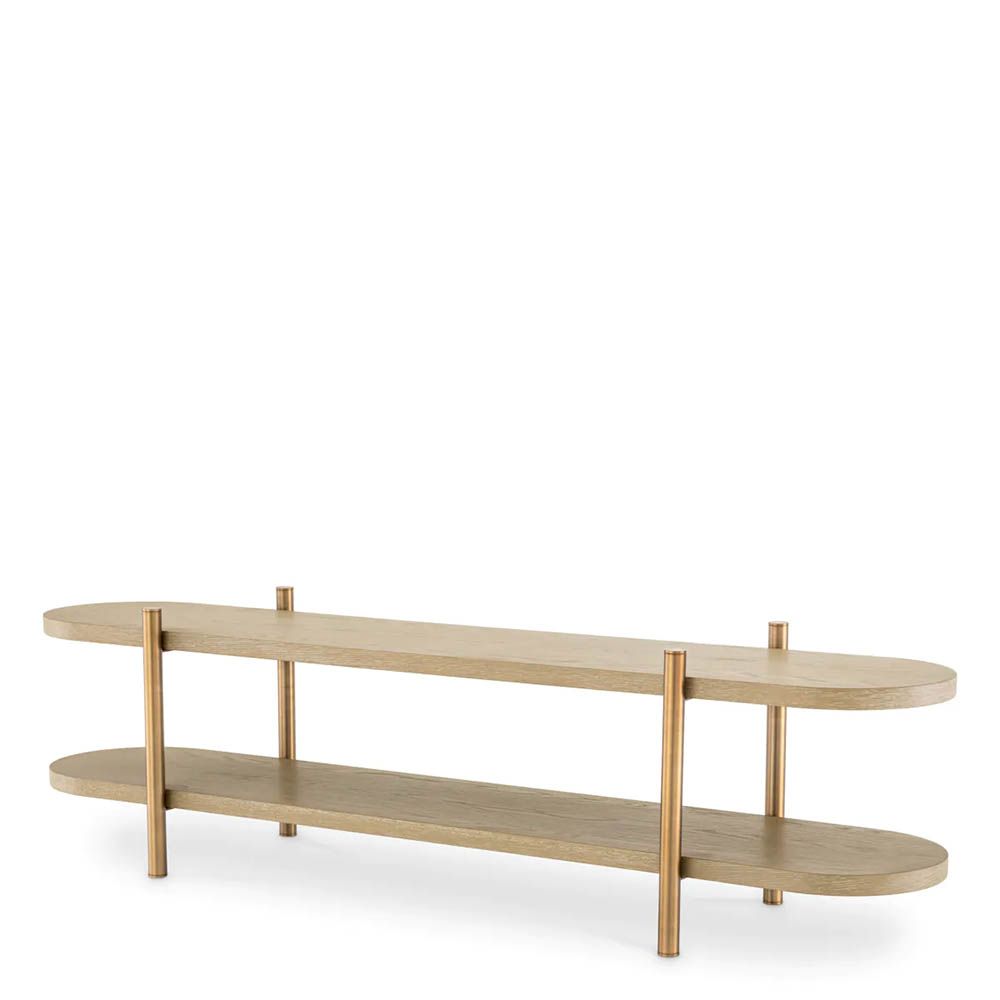 Curved and contemporary cabinet with washed oak shelves and brass legs