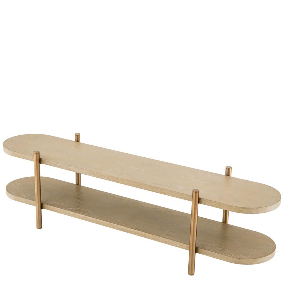 Curved and contemporary cabinet with washed oak shelves and brass legs