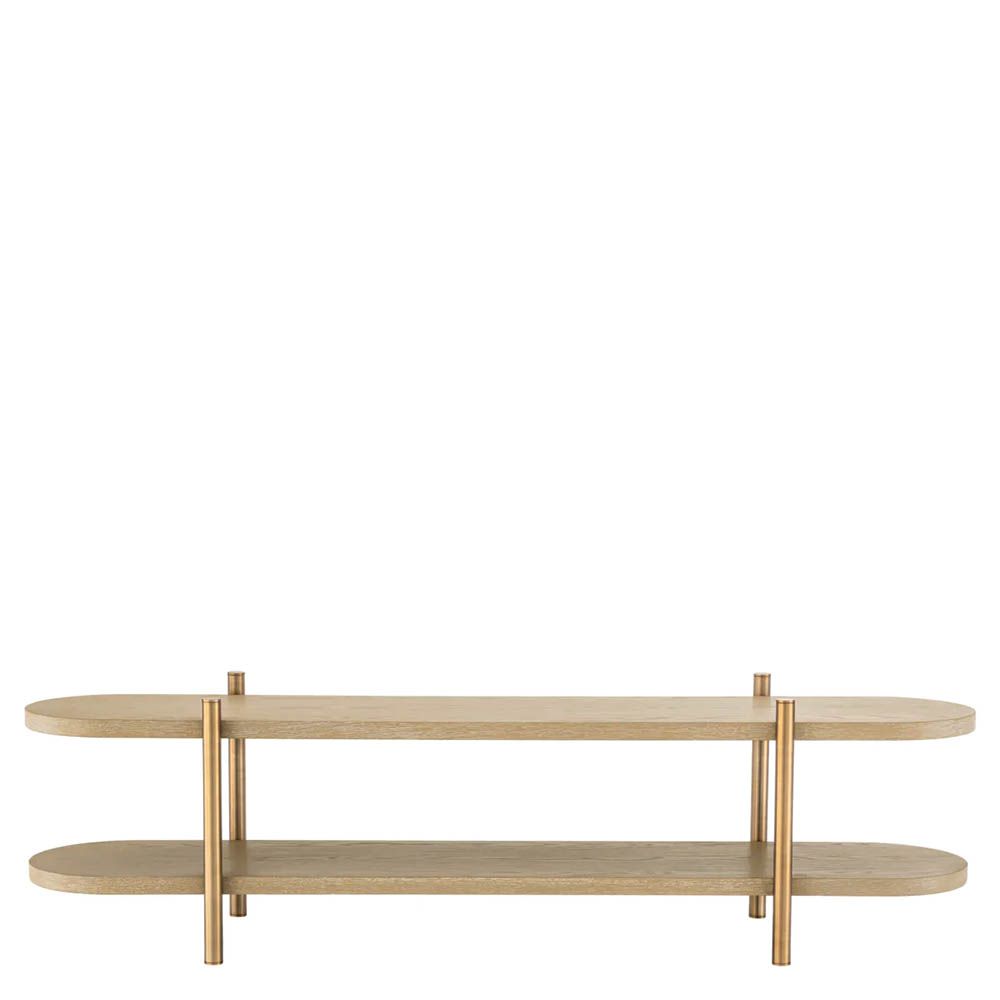 Curved and contemporary cabinet with washed oak shelves and brass legs