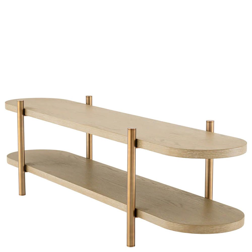 Curved and contemporary cabinet with washed oak shelves and brass legs