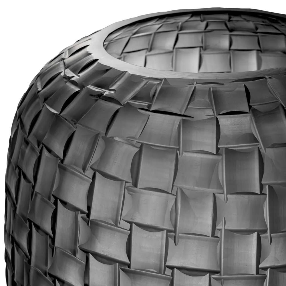 Glass vase with grey finish and hand cut details forming a woven pattern