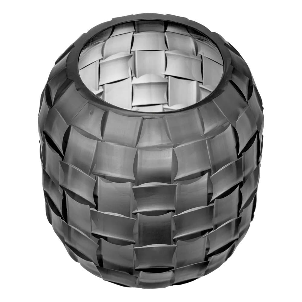 Small glass vase with grey finish and hand cut details forming woven pattern