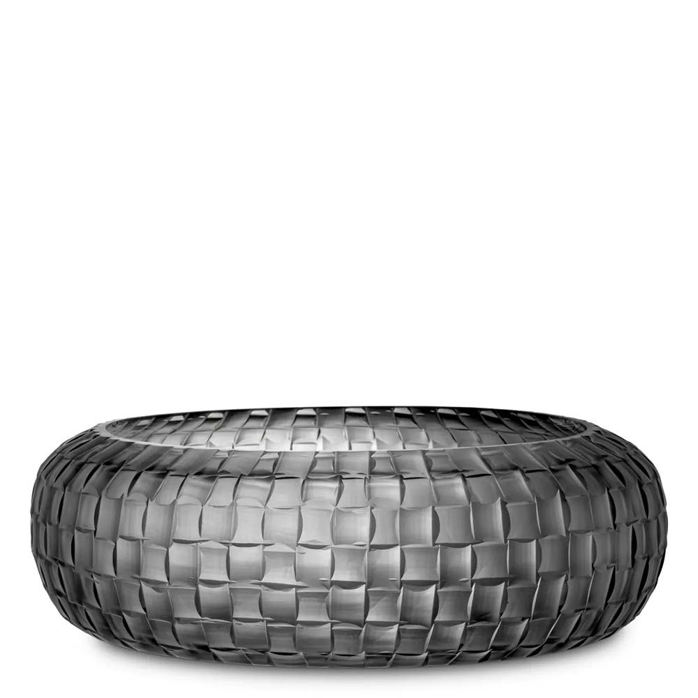 Glass bowl with grey finish and hand cut details forming woven pattern