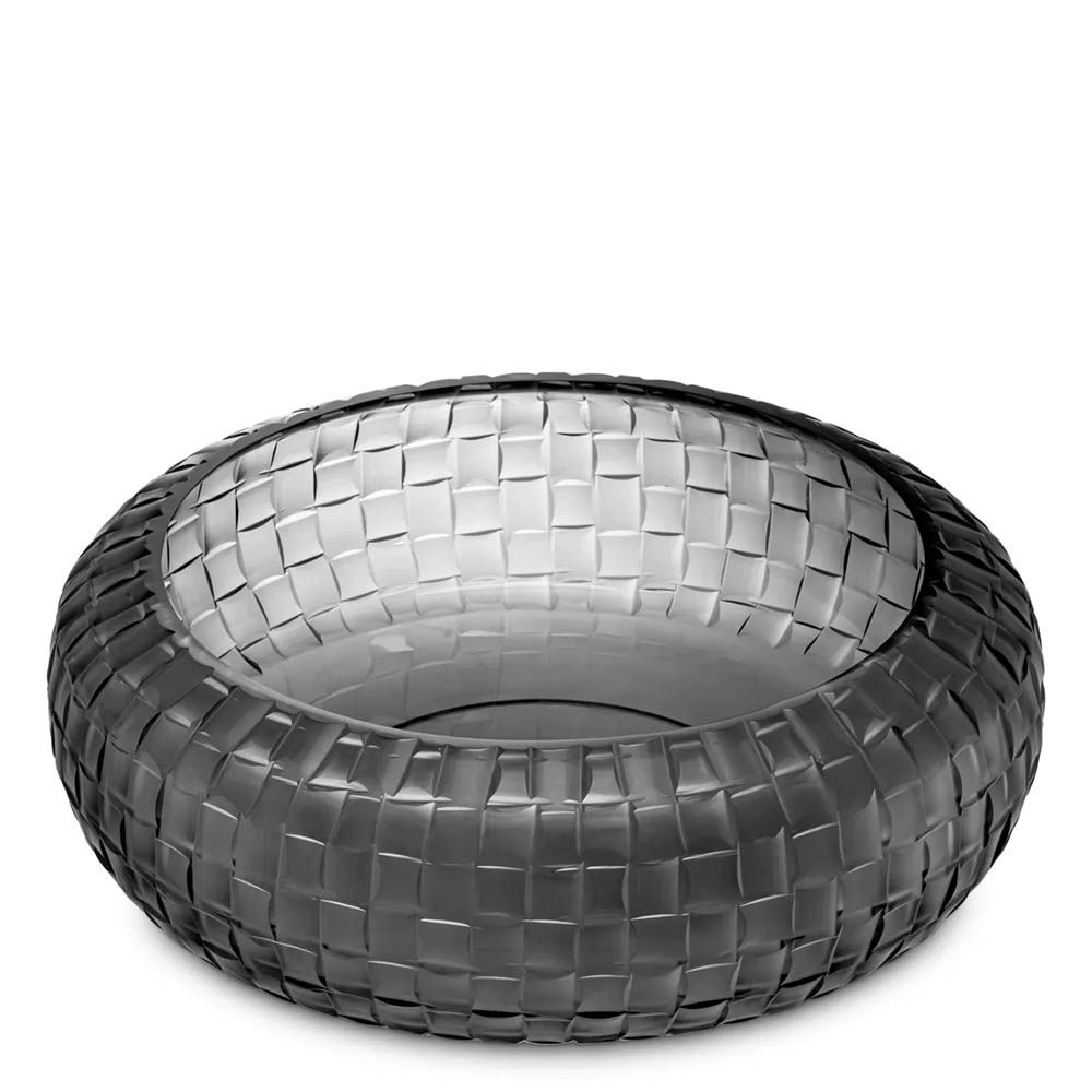 Glass bowl with grey finish and hand cut details forming woven pattern
