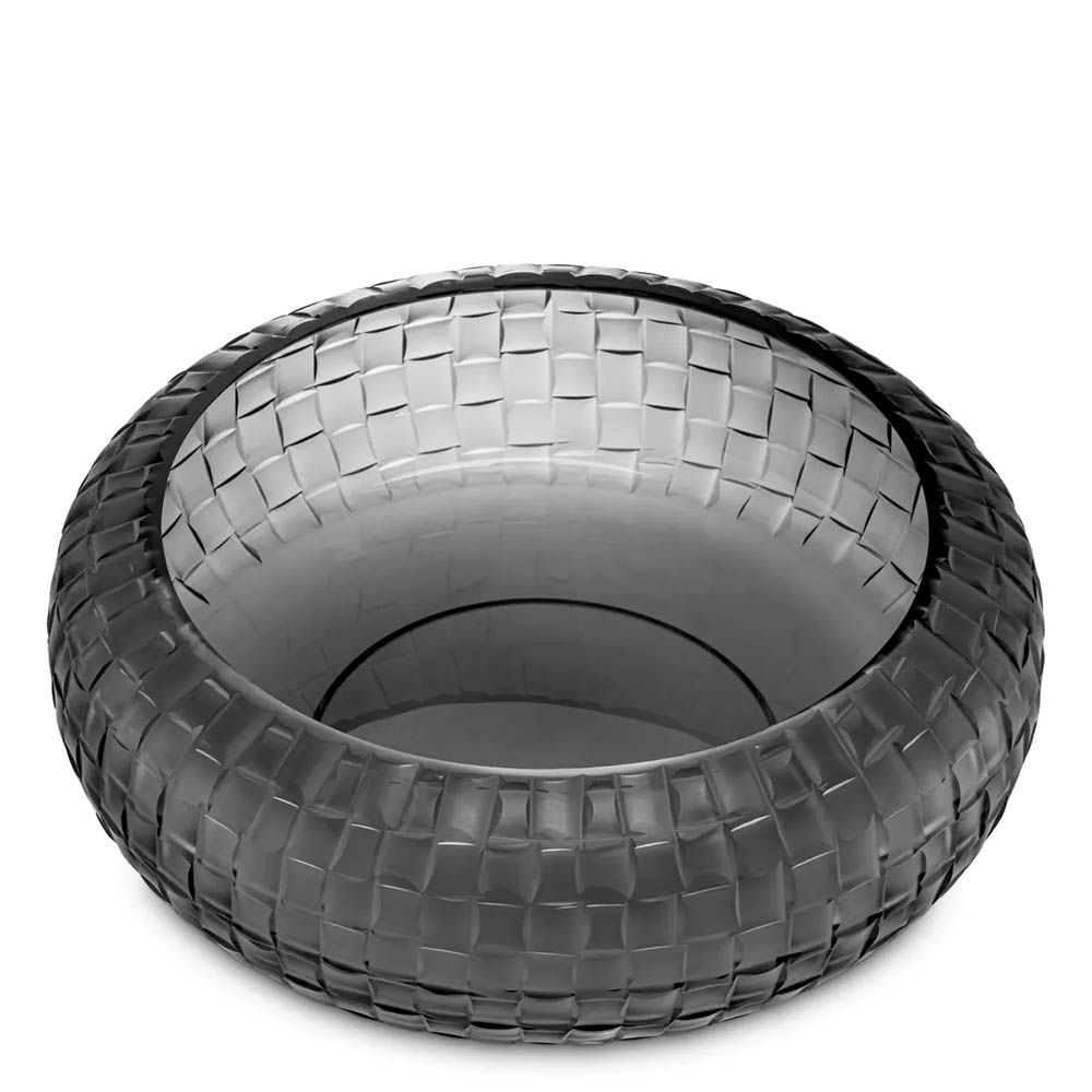 Glass bowl with grey finish and hand cut details forming woven pattern
