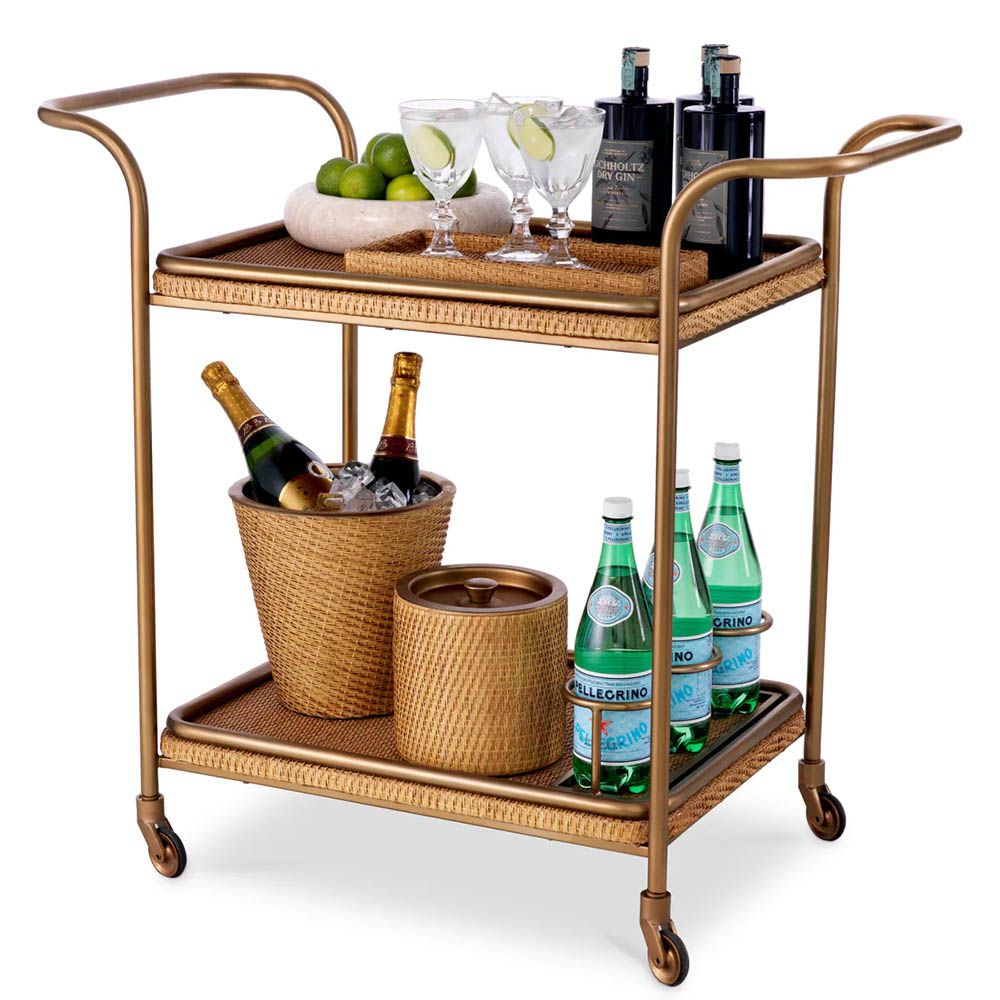 Chic trolley with vintage brass accents and natural rattan tiers