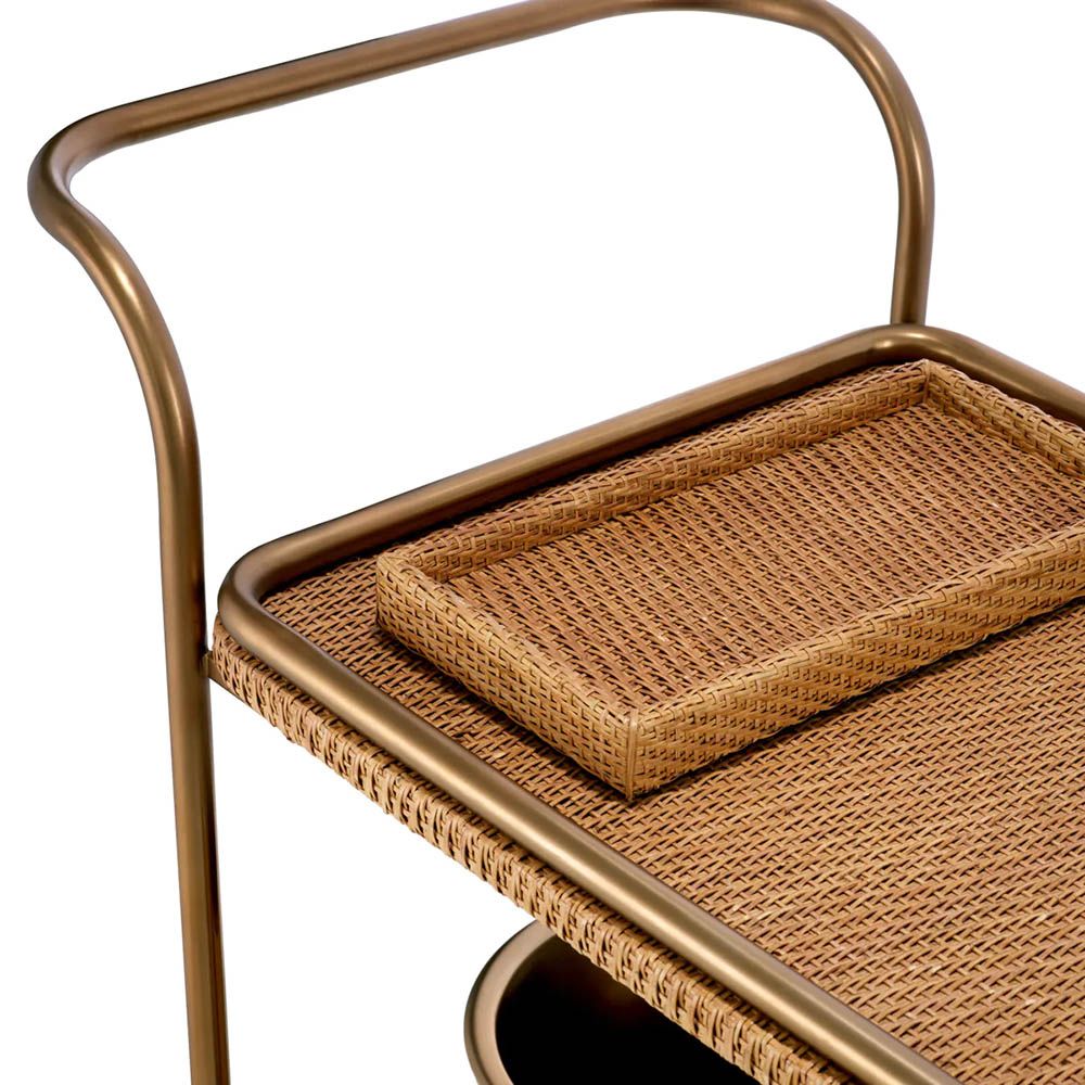 Chic trolley with vintage brass accents and natural rattan tiers