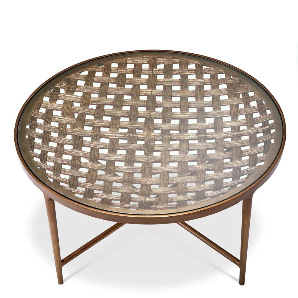 Metal weave detail round coffee table in antique brass finish