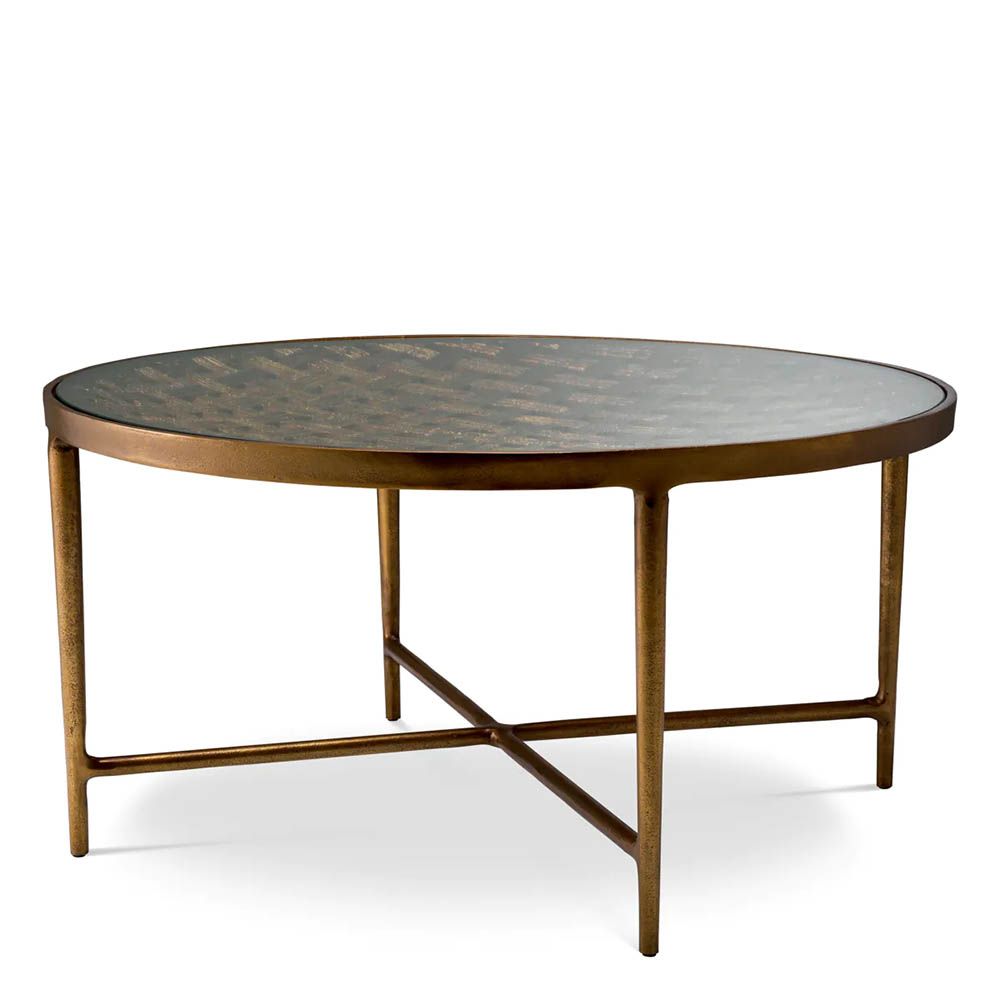 Metal weave detail round coffee table in antique brass finish