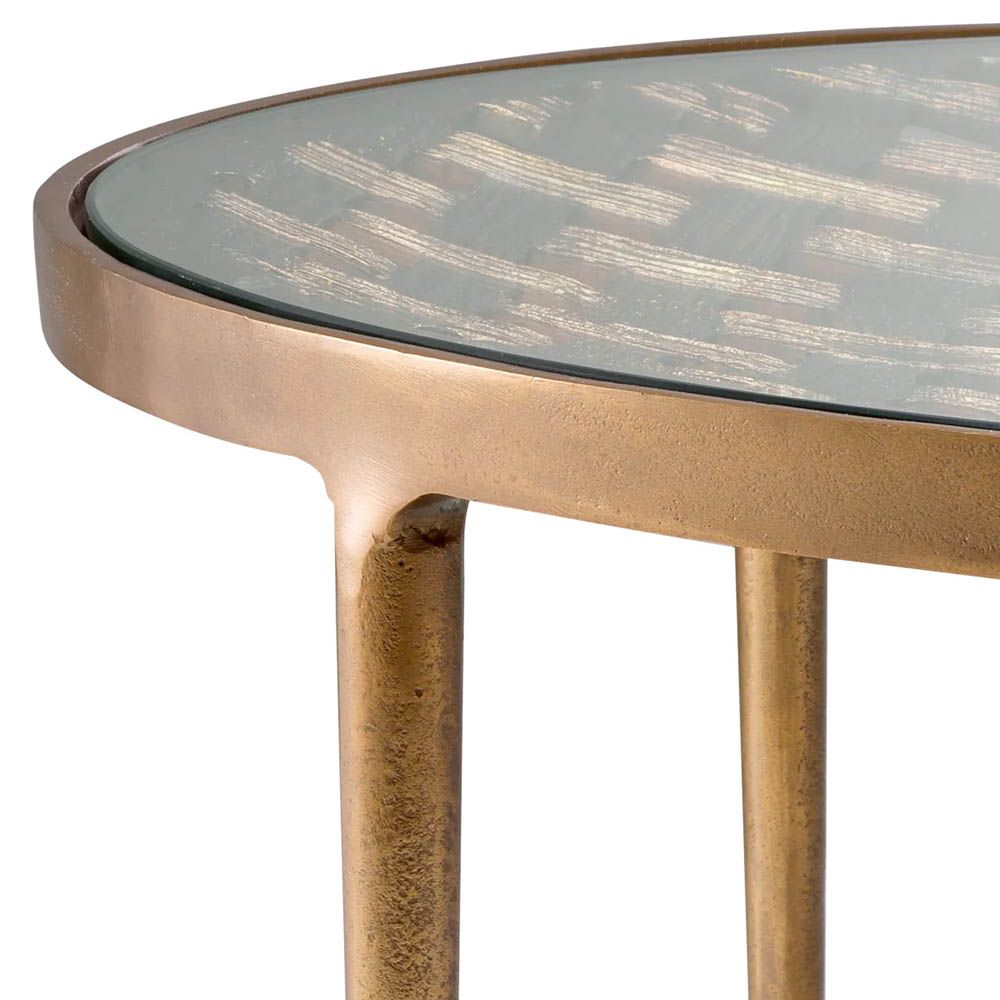Metal weave detail round coffee table in antique brass finish