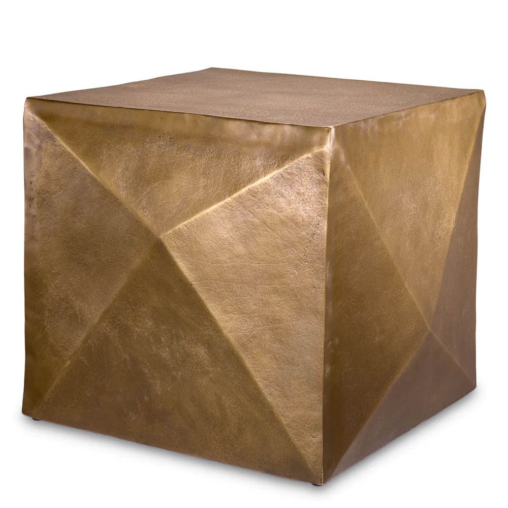 Geometric side table with striking square top framed in antique brass finish 