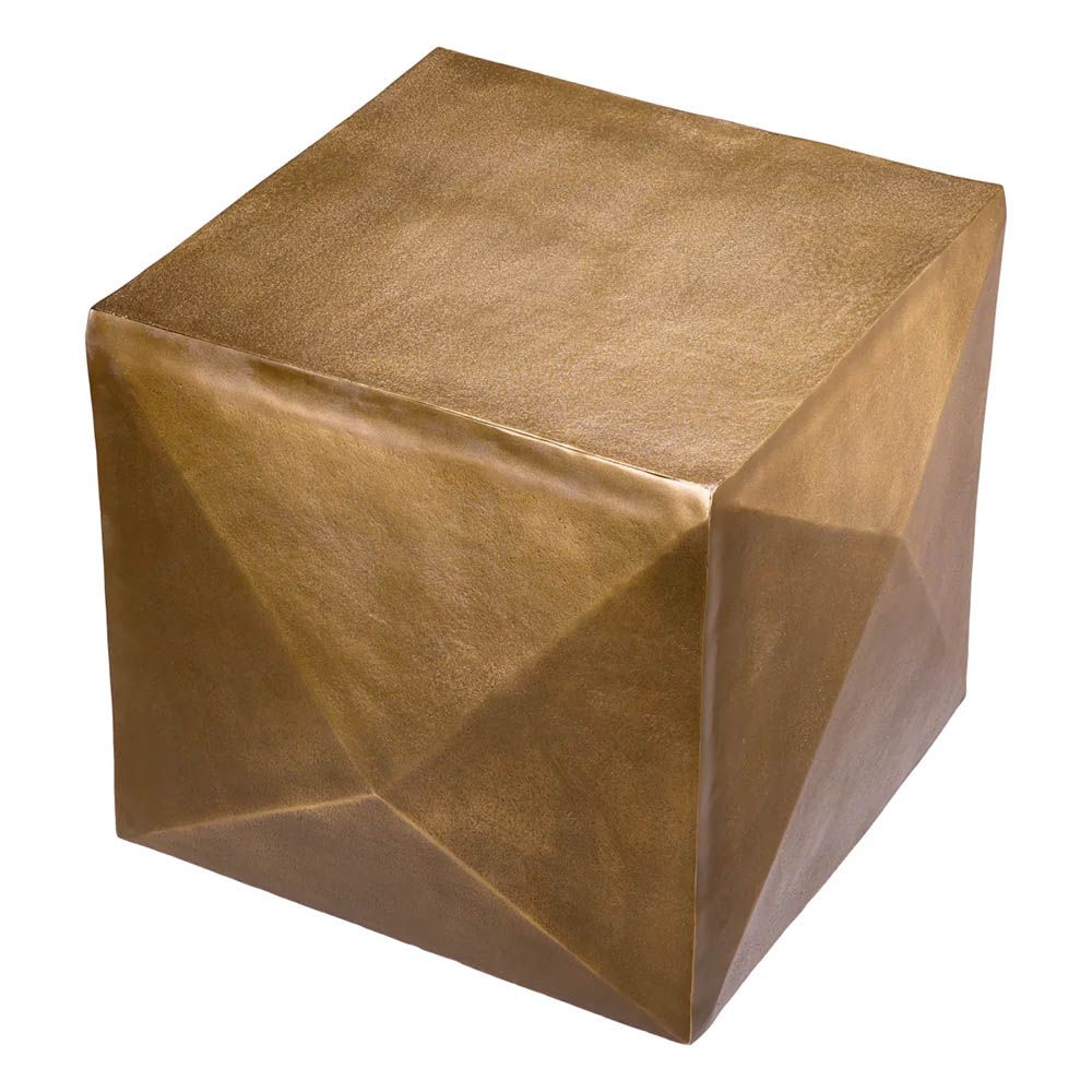 Geometric side table with striking square top framed in antique brass finish 