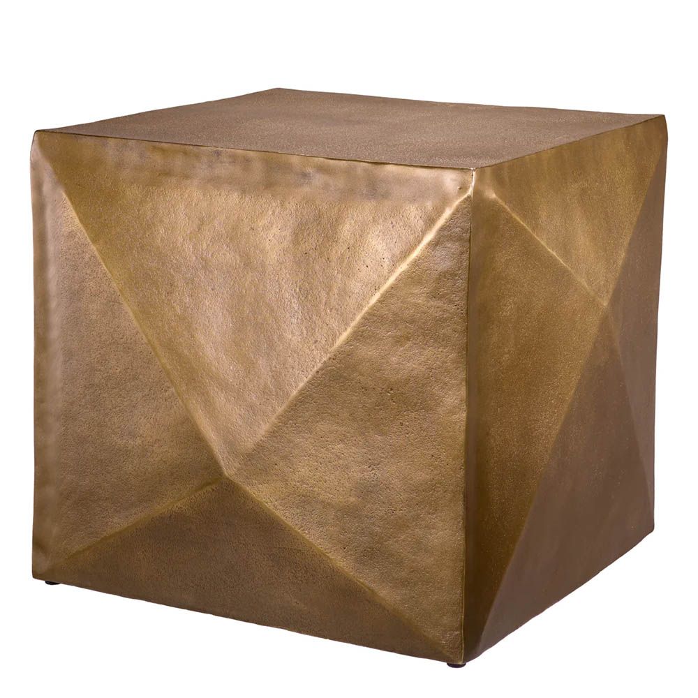 Geometric side table with striking square top framed in antique brass finish 