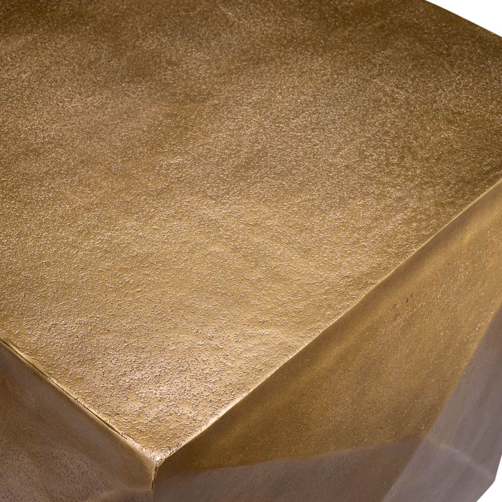 Geometric side table with striking square top framed in antique brass finish 