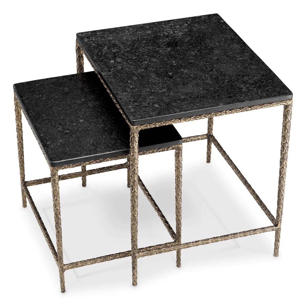 Set of two square-shaped black granite side tables with brass-finished base