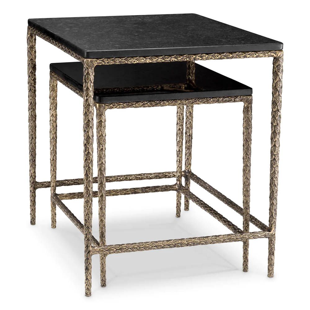 Set of two square-shaped black granite side tables with brass-finished base