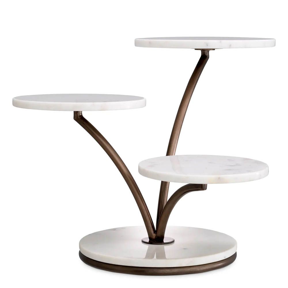 Three level cake stand with white marble bases and bronze finishes