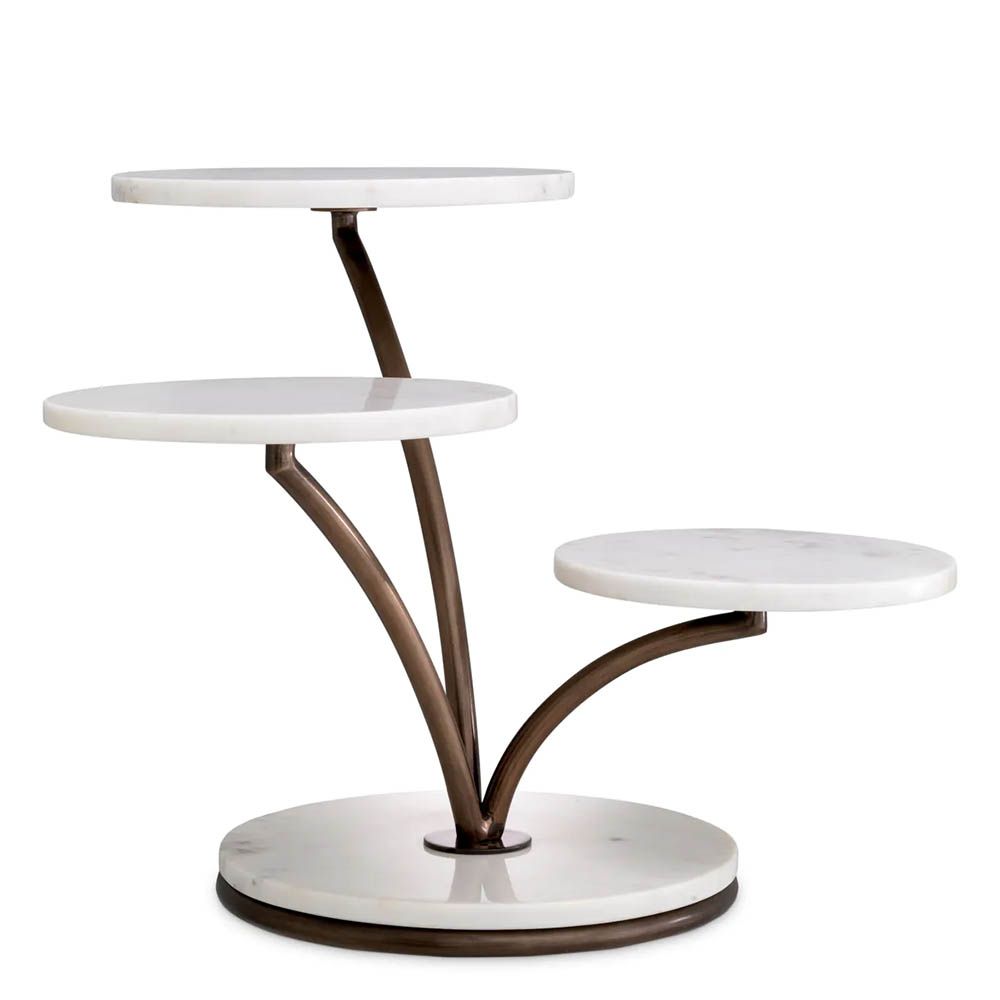 Three level cake stand with white marble bases and bronze finishes