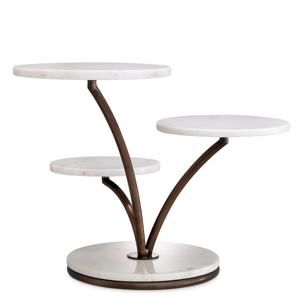 Three level cake stand with white marble bases and bronze finishes
