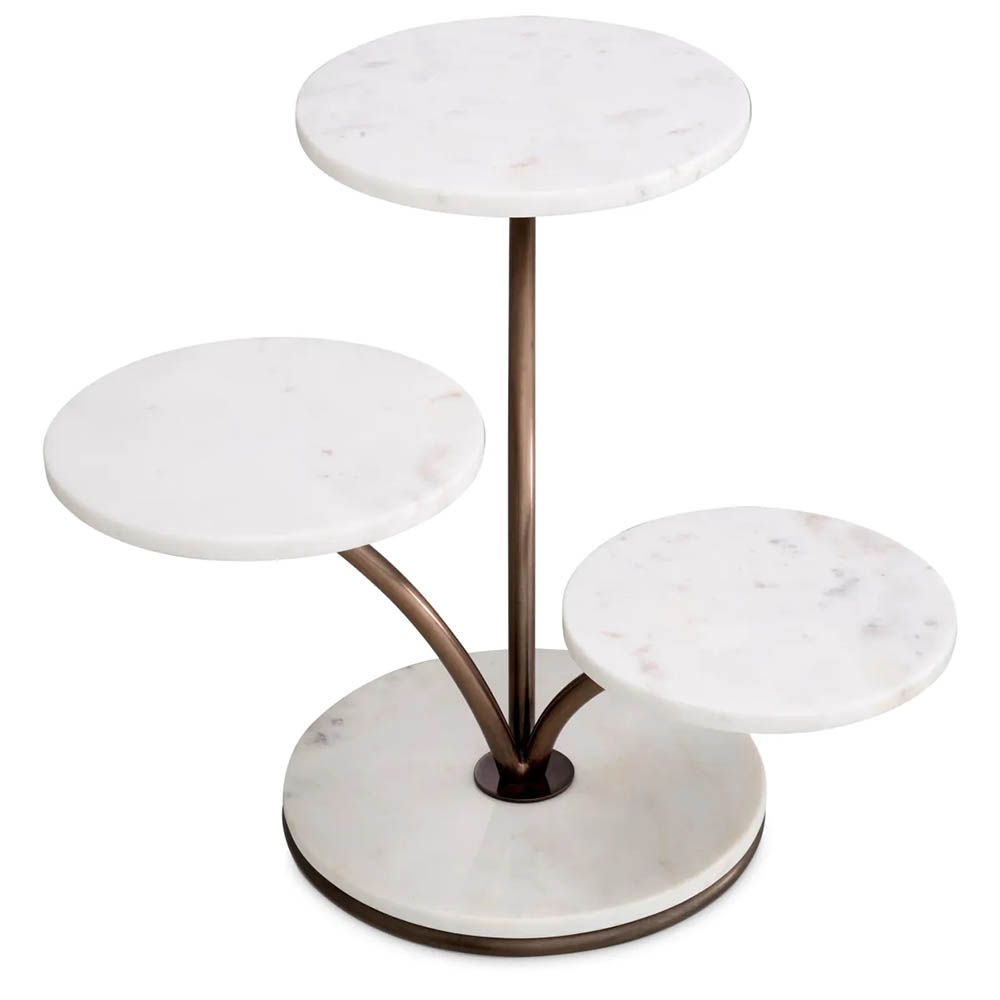 Three level cake stand with white marble bases and bronze finishes
