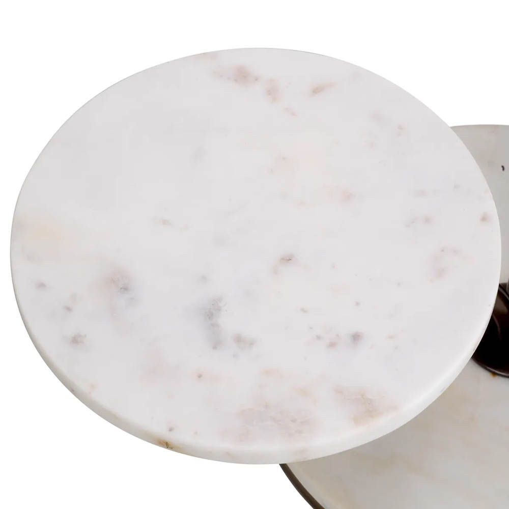 Three level cake stand with white marble bases and bronze finishes