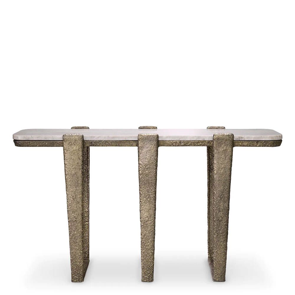 Sophisticated console table with vintage brass-finished framework and marble top
