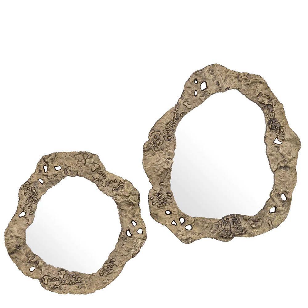 Organic shaped set of 2 wall mirrors finished in antique brass