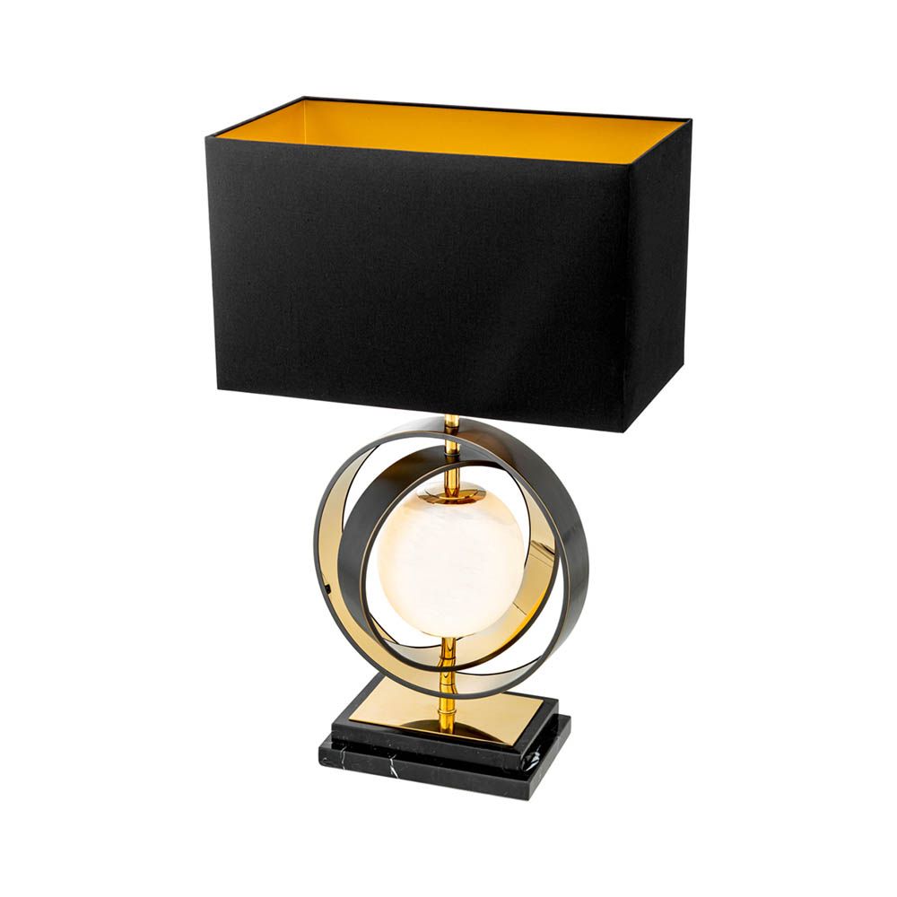 Gold table lamp with pearl orb design and black marble base