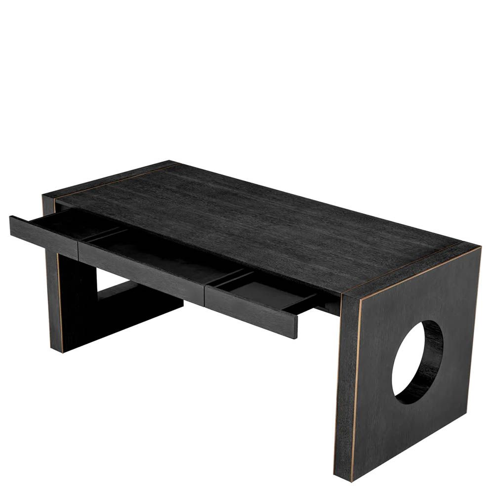 Charcoal grey oak desk with shape cut-outs in legs and subtle bronze finish