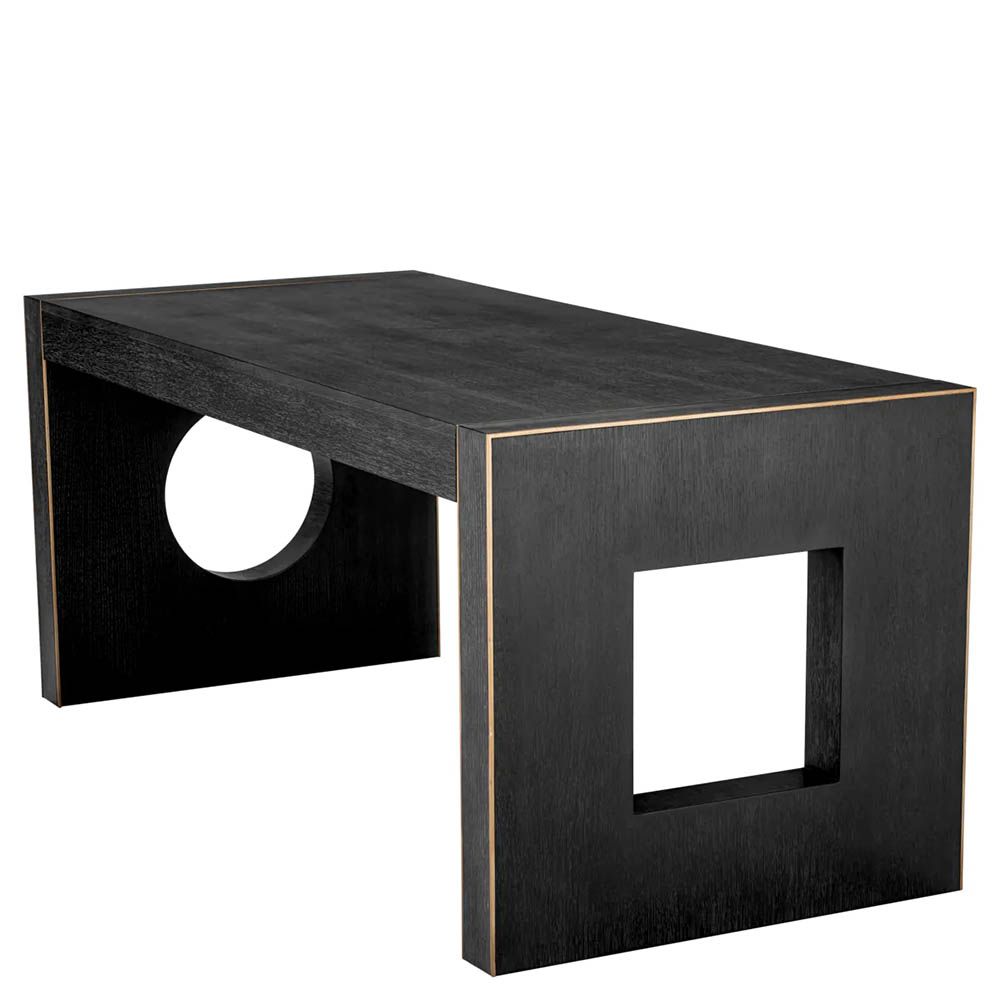 Charcoal grey oak desk with shape cut-outs in legs and subtle bronze finish