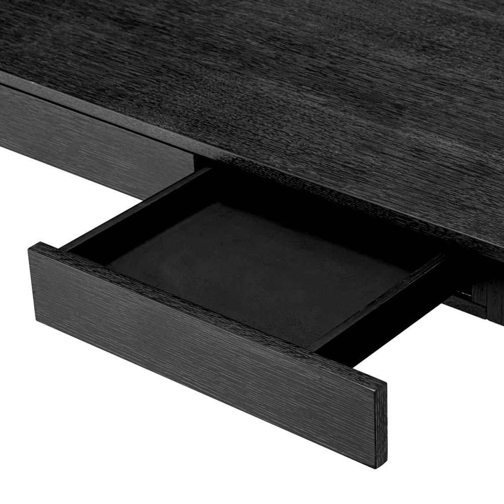 Charcoal grey oak desk with shape cut-outs in legs and subtle bronze finish