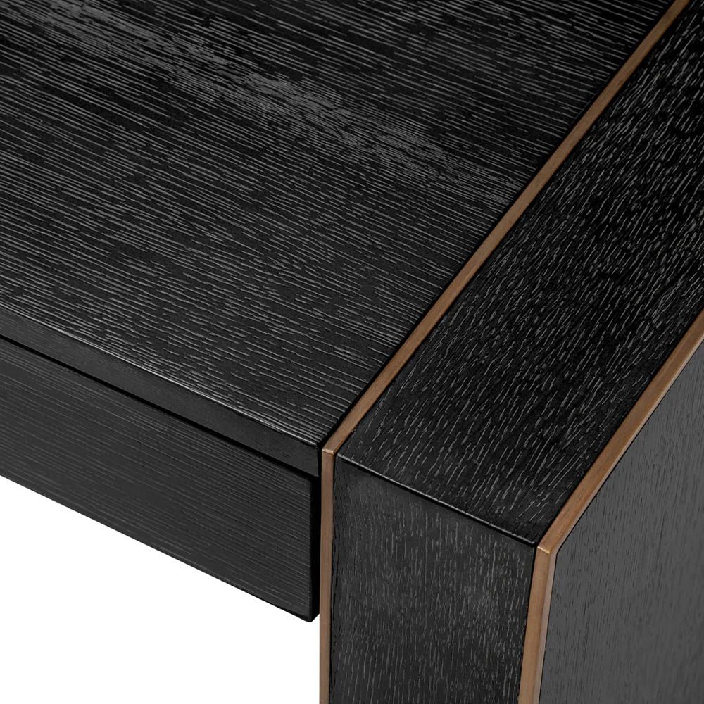 Charcoal grey oak desk with shape cut-outs in legs and subtle bronze finish