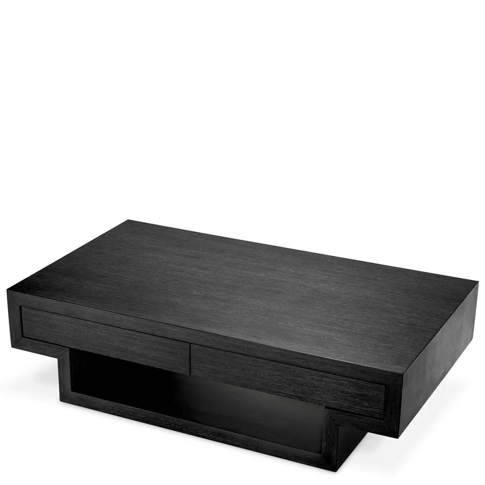 Low modern coffee table with shelf and two drawers in charcoal grey