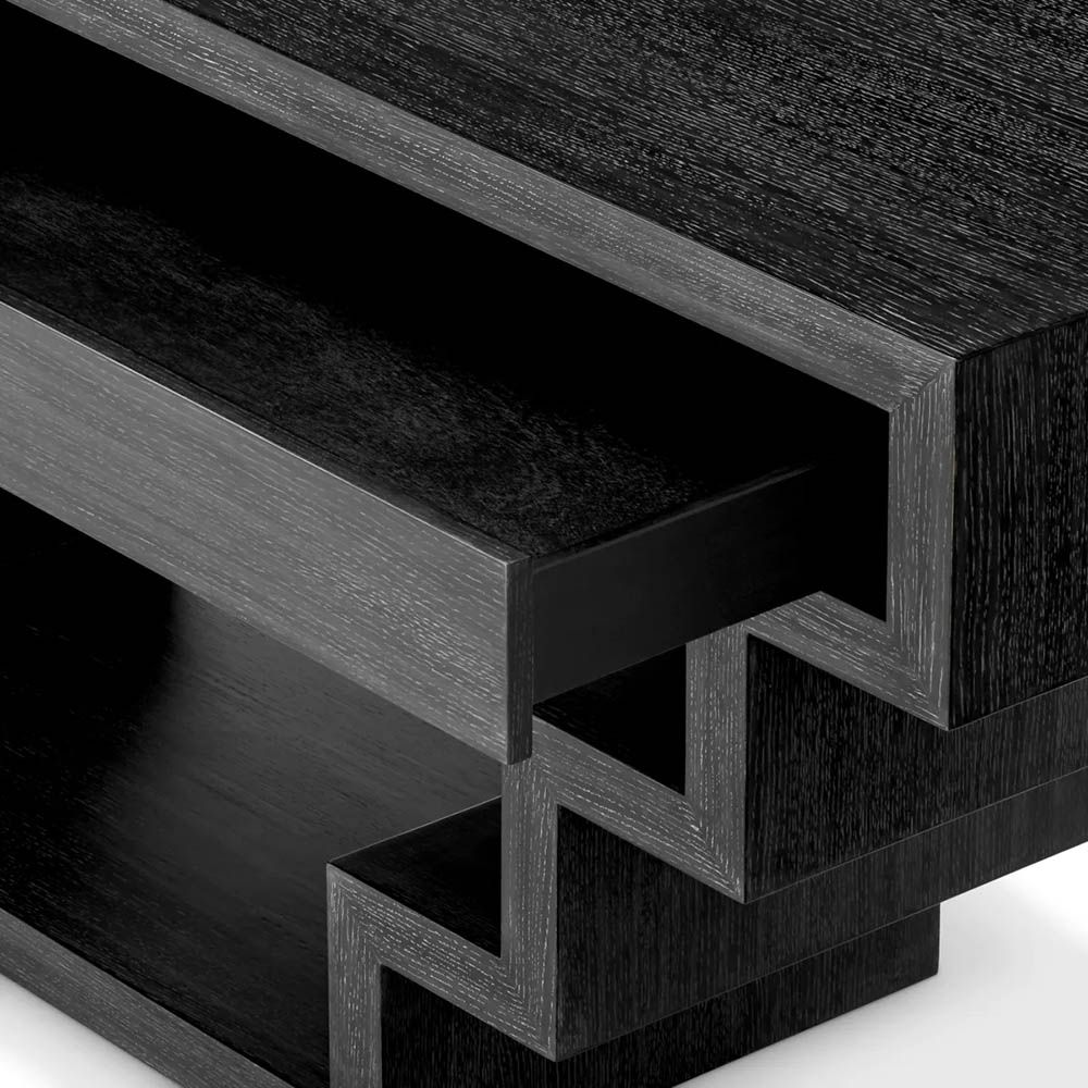 Stepped modern console table with two drawers in charcoal grey finish