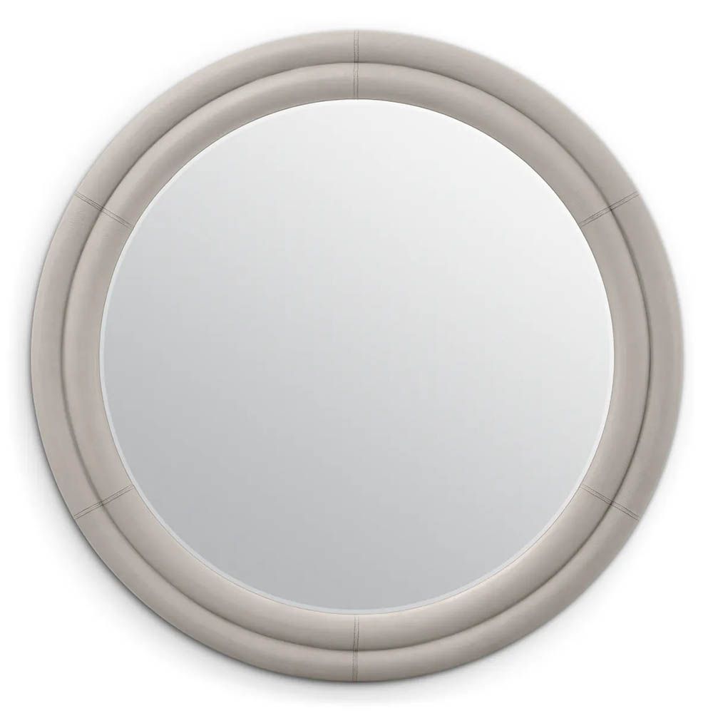 Circular mirror with elegant grey faux leather frame
