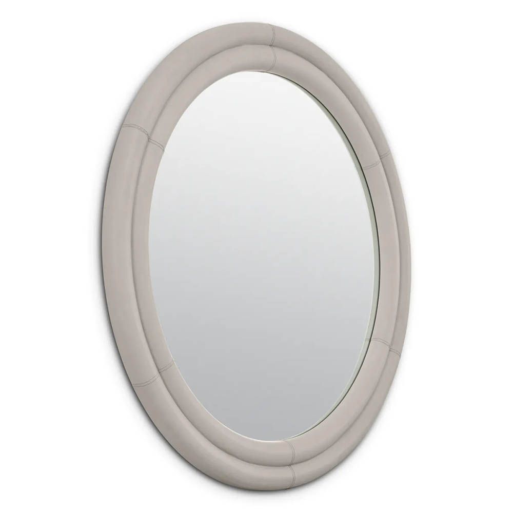 Circular mirror with elegant grey faux leather frame