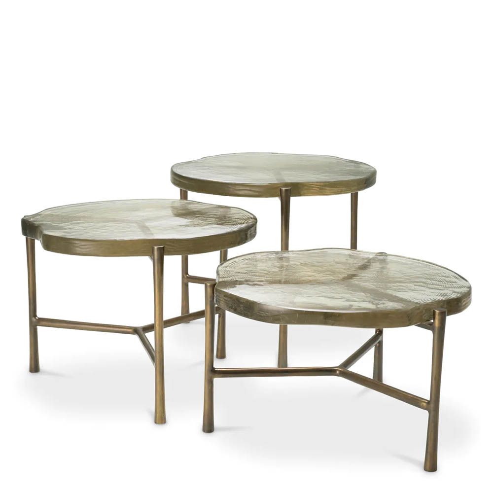 Set of three brass finish coffee tables with glass top