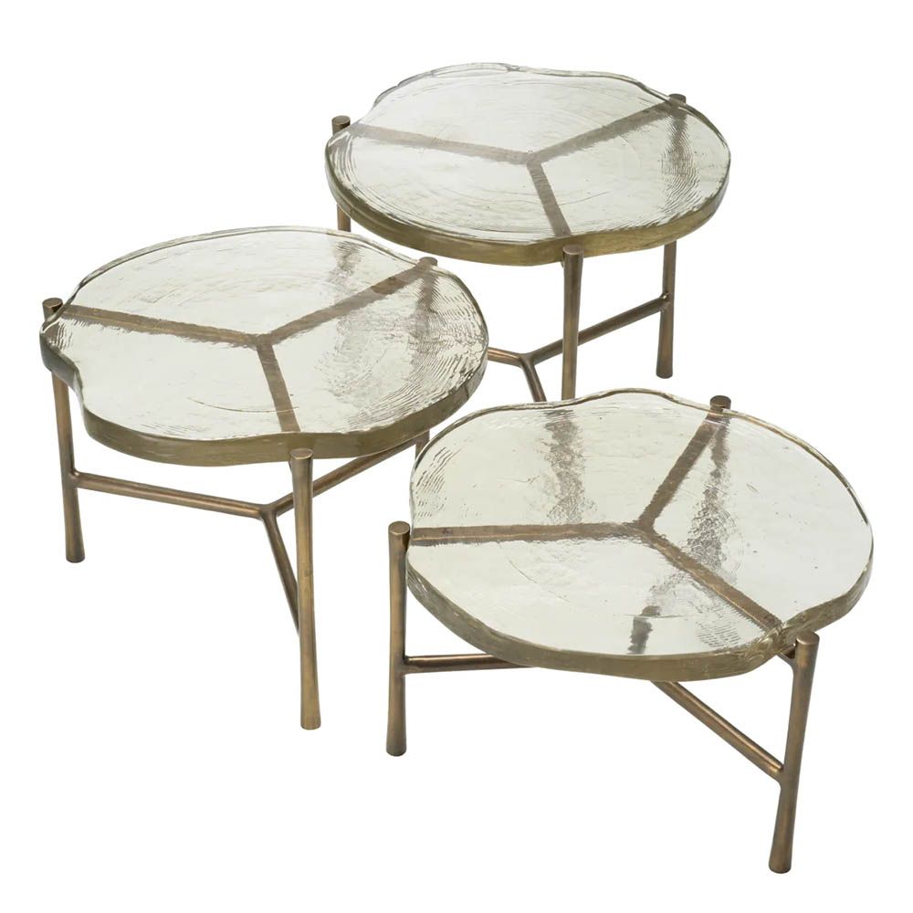 Set of three brass finish coffee tables with glass top