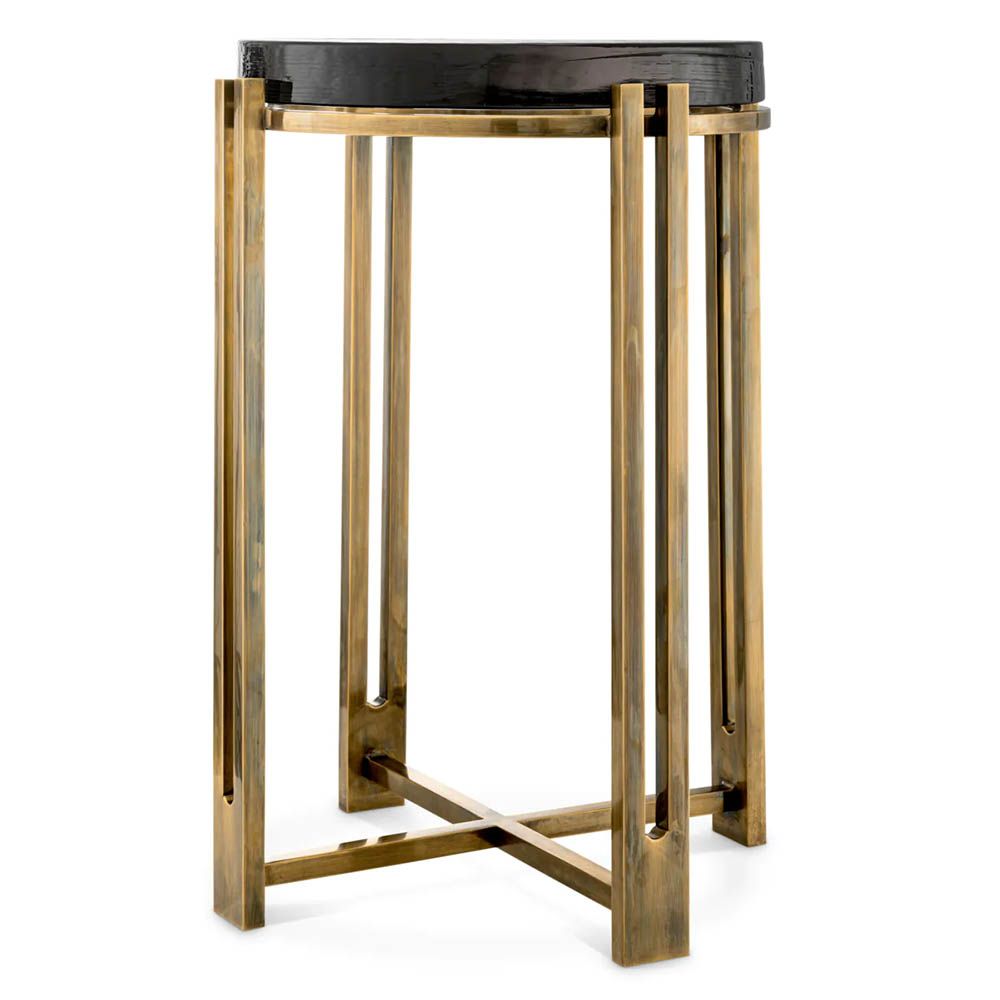 Side table featuring round, thick tabletop made from handmade vintage glass and brass finish 