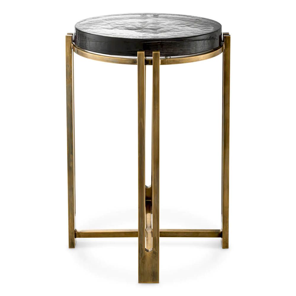 Side table featuring round, thick tabletop made from handmade vintage glass and brass finish 