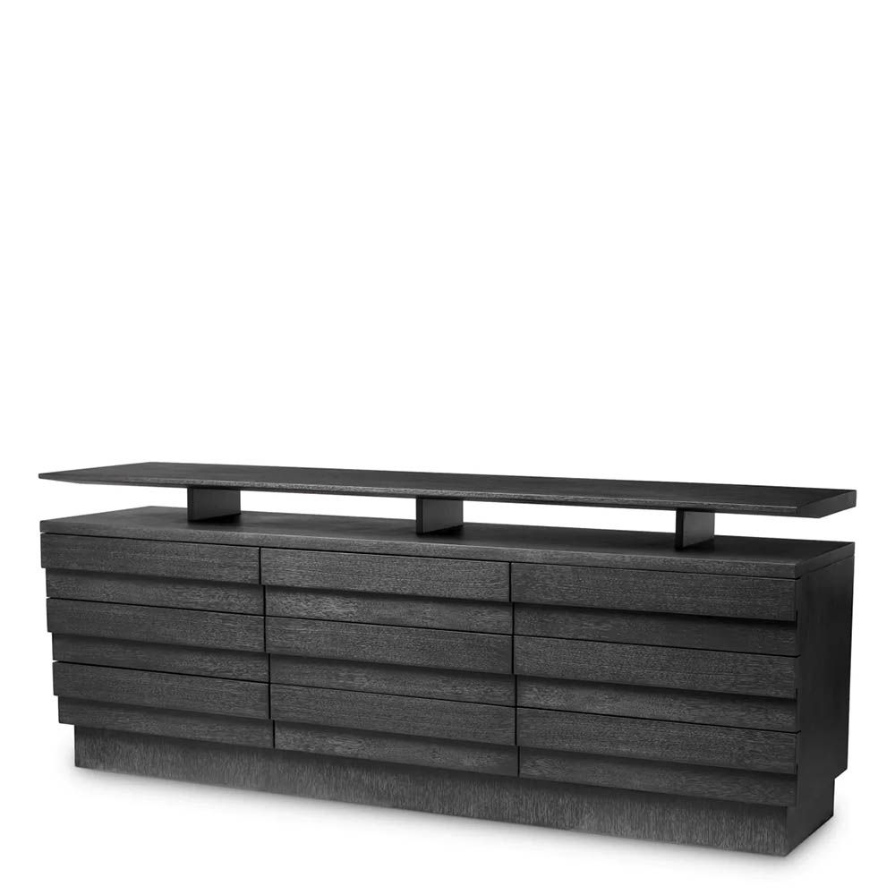 Multiple drawer dresser finished in charcoal grey with additional shelf 