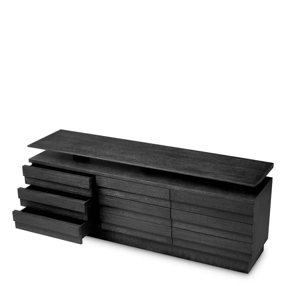 Multiple drawer dresser finished in charcoal grey with additional shelf 