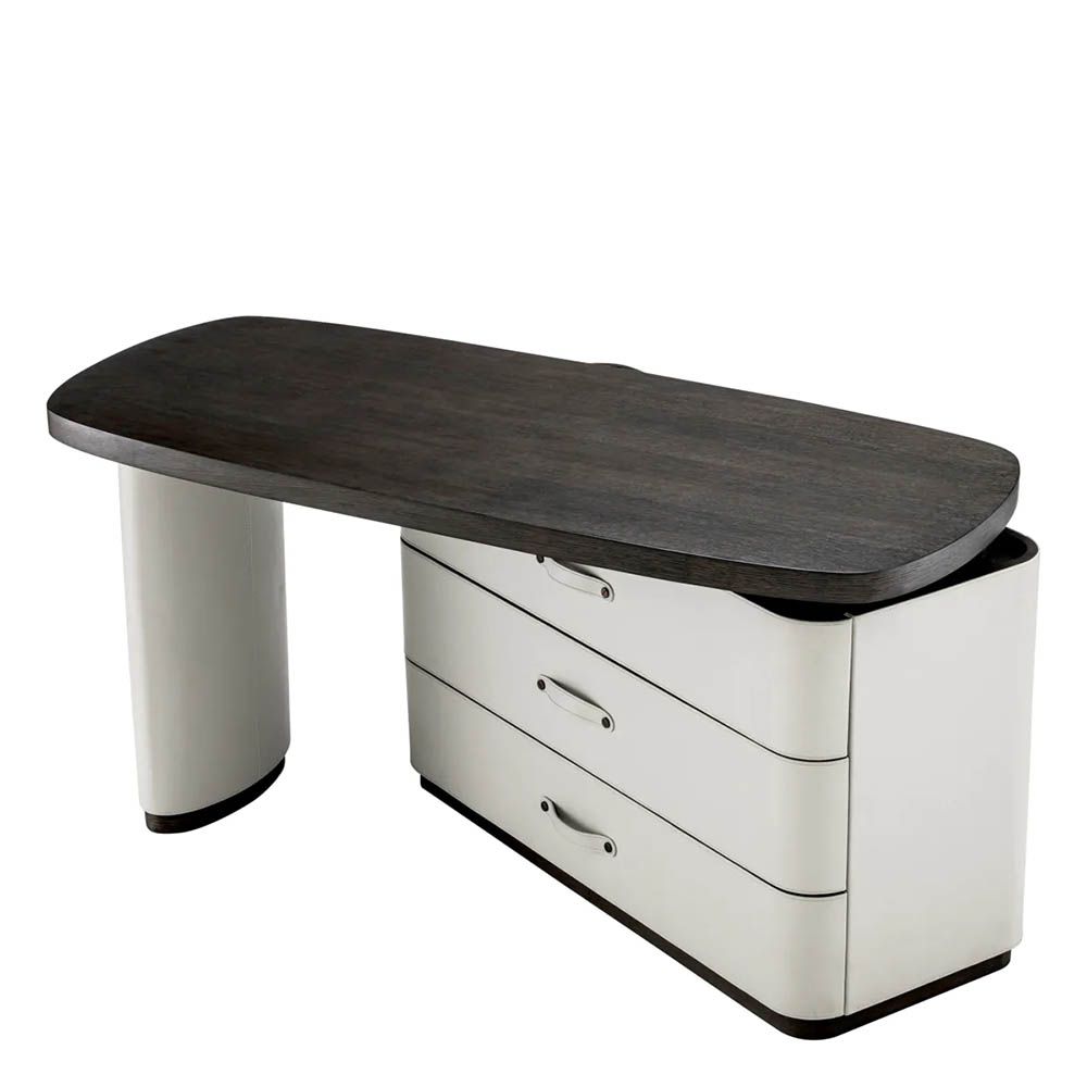 Adjustable top desk crafted from mocha oak veneer accented with light grey faux leather