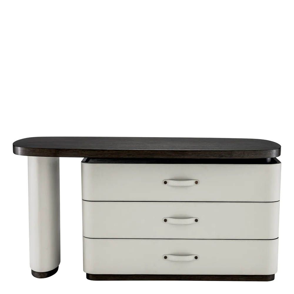 Adjustable top desk crafted from mocha oak veneer accented with light grey faux leather