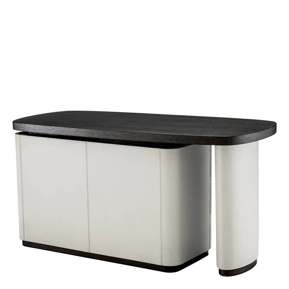 Adjustable top desk crafted from mocha oak veneer accented with light grey faux leather