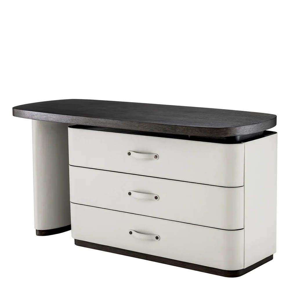 Adjustable top desk crafted from mocha oak veneer accented with light grey faux leather
