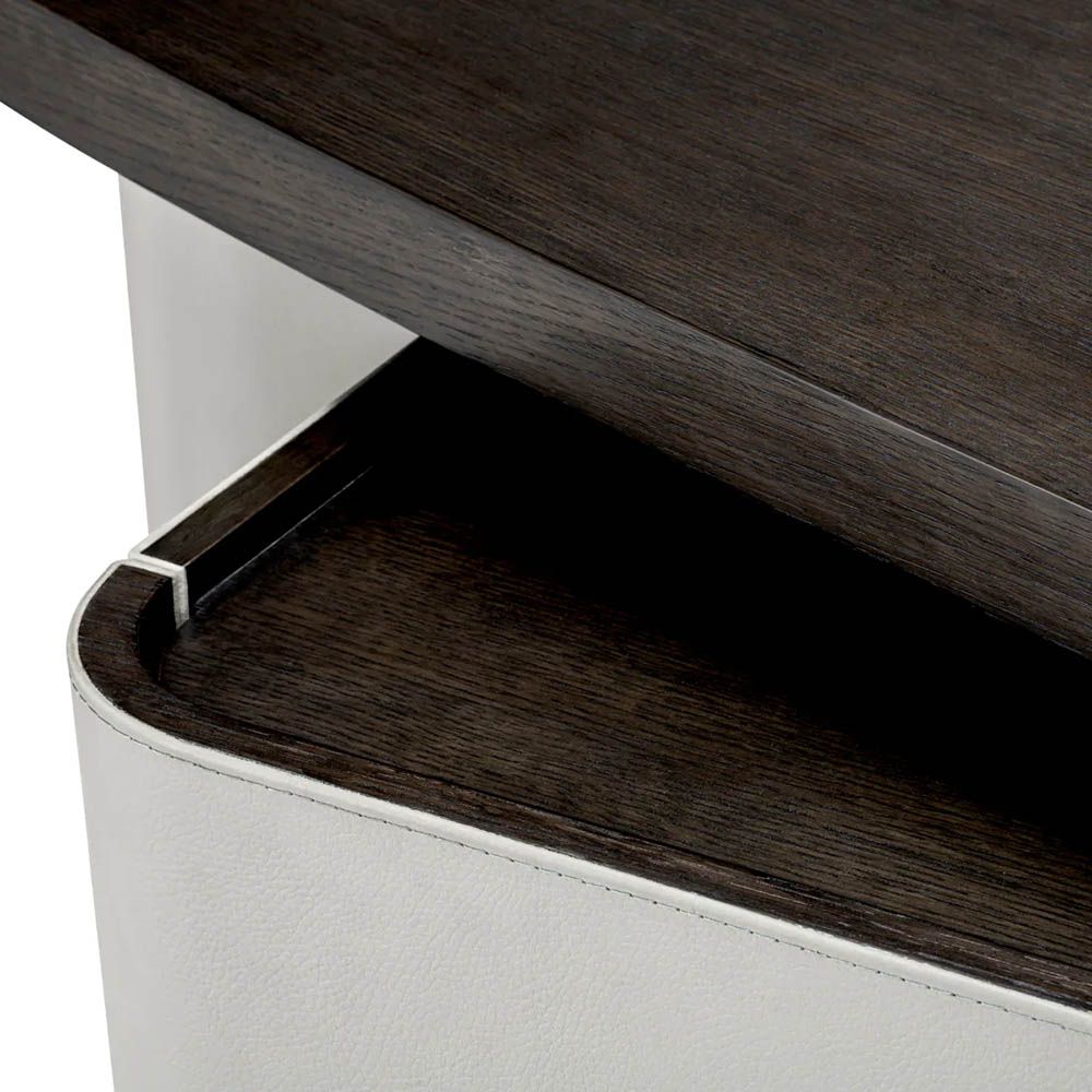 Adjustable top desk crafted from mocha oak veneer accented with light grey faux leather
