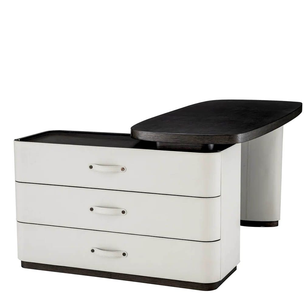 Adjustable top desk crafted from mocha oak veneer accented with light grey faux leather